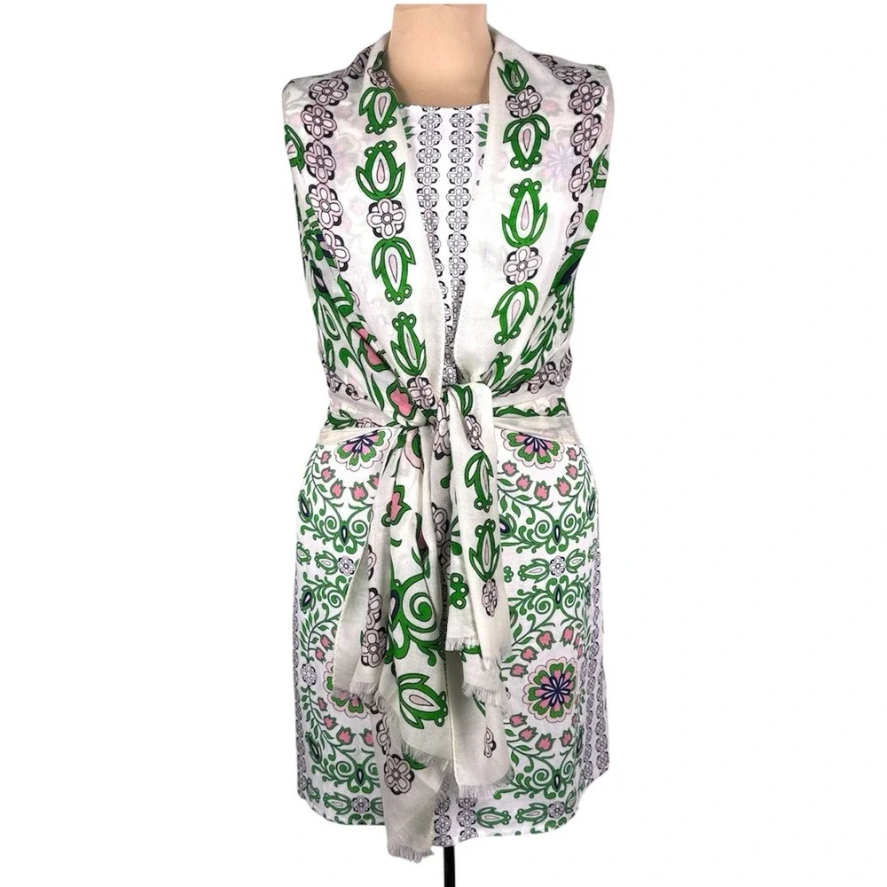 Tory Burch XL Hicks Garden Party Linen Shift Dress Matching Scarf Wrap Set Mod